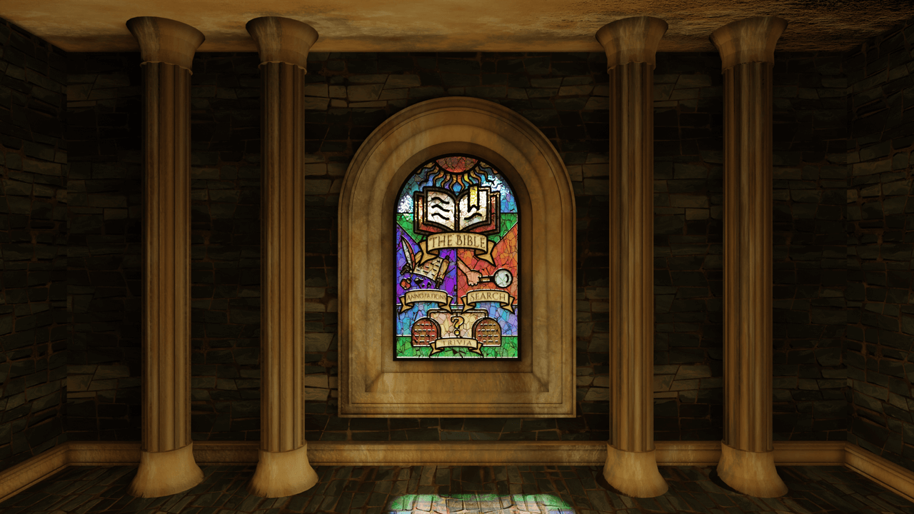 A 3D render of a stained-glass window in a church with sections divided into parts of a user-interface and labelled