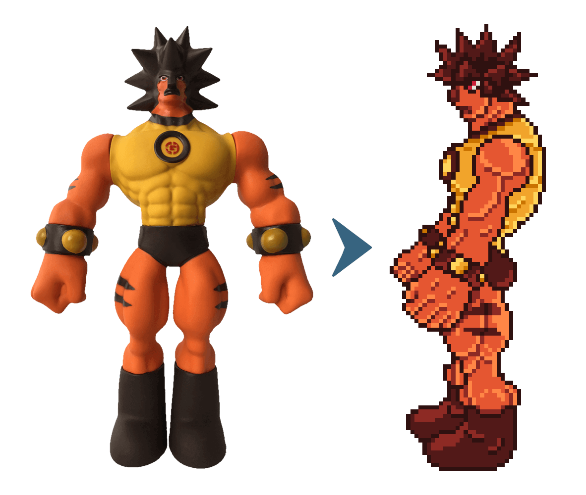 Side-by-side comparison of "Boko the Destroyer" action figure with a pixel art representation of the same